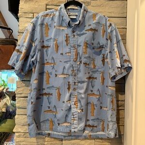 Columbia River Lodge Shirt Large Fishing Fish Print Cotton Lightweight Outdoor